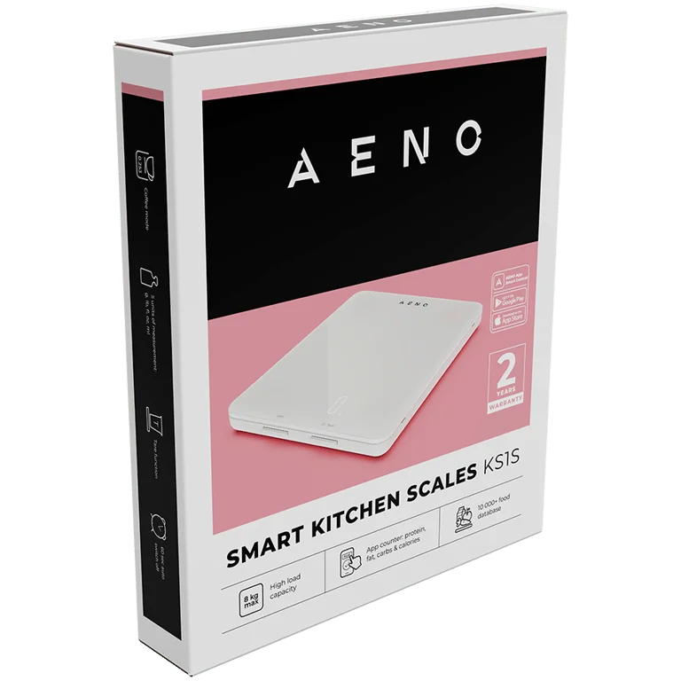 AENO Kitchen Scale KS1S Smart, Max load - 8 kg, Bluetooth, 10,000+ products & meals, 25 indicators analysis, Coffee mode, 6 unit conversion: kg, g, lb, fl, oz, ml, Material - glass