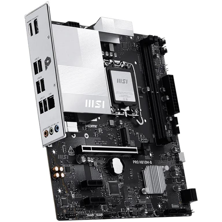 MSI PRO H810M-B, mATX, LGA 1851, 2x DDR5 Dual Channel DDR5 up to 6400(OC)MHz, 1x PCIe x16 slot, 1x M.2 slot, 4x USB 2.0, 2x USB 5Gbps, HDMI, DP, 7.1 HD Audio, 2.5G LAN, 3Y