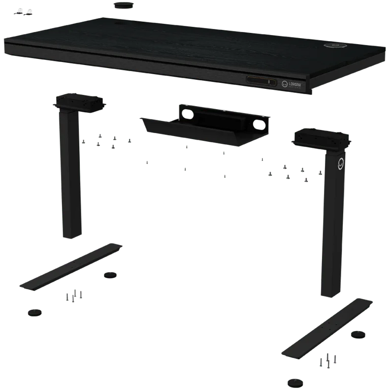 Dual-motor sit/stand adjustable-height gaming desk with wireless charger, RGB lighting, control panel, and USB ports, PB melamine surface tabletop, black.