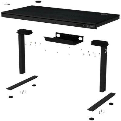 Dual-motor sit/stand adjustable-height gaming desk with wireless charger, RGB lighting, control panel, and USB ports, PB melamine surface tabletop, black.
