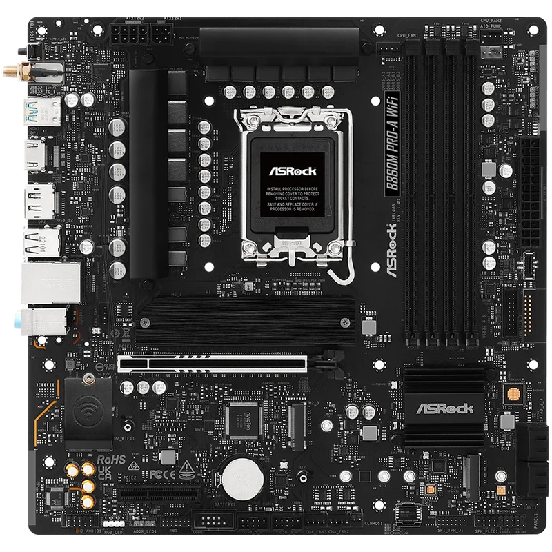 ASROCK MB Desktop B860M Pro-A Wi-Fi, S.1851, 4x DDR5, 1x PCIe 5.0 x16, 1x PCIe 4.0 x4, 1x Blazing M.2, 2x Hyper M.2, 4x SATA3, 2x USB-C, 5x USB 3.2, 6x USB 2.0, 1x RJ-45 2.5GB Lan, 802.11axe Wi-Fi 6E, BT 5.3 1x HDMI, 1x DP 1.4, mATX
