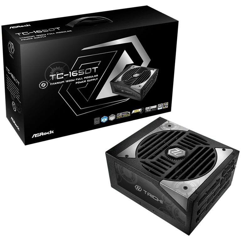 Asrock TC-1650T, 1650W, 80 Plus Titanium, Fully Modular PSU, Japanese Capacitors, 2x EPS 12V CPU(4+4pin), 2x PCIe5.1 (12+4pin), 8x PCIe (6+2pin), 6x 4-pin connectors, 12x SATA, OCP, SCP, OVP, UVP, OTP, OPP protections, 135 mm Axial Fan, ATX 3.1