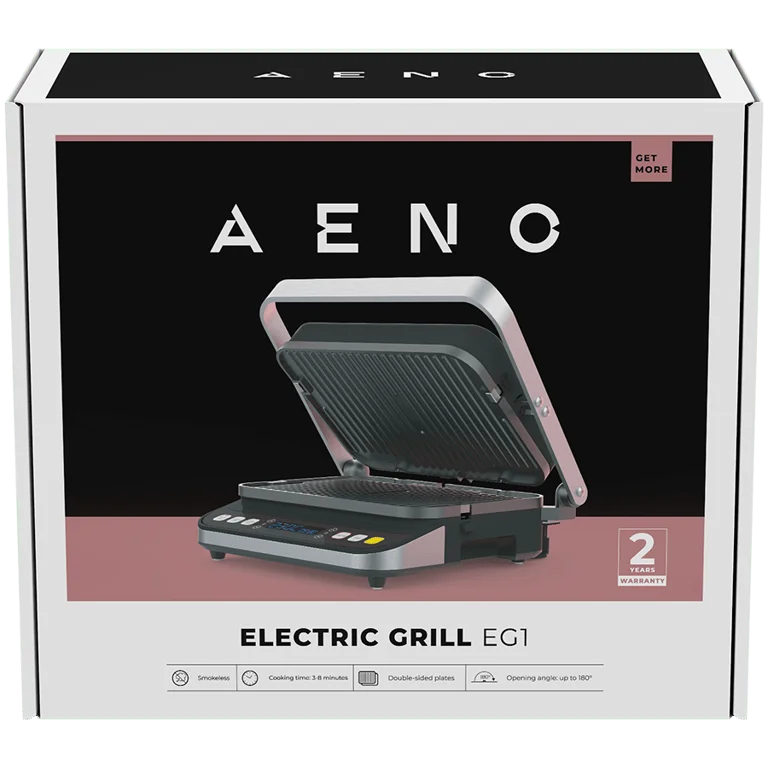 AENO ''Electric Grill EG1: 2000W, 3 heating modes - Upper Grill, Lower Grill, Both Grills  Defrost, Max opening angle -180°, Temperature regulation, Timer, Removable double-sided plates, Plate size 320*220mm''