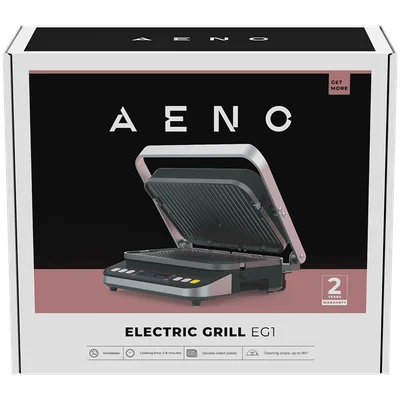 AENO ''Electric Grill EG1: 2000W, 3 heating modes - Upper Grill, Lower Grill, Both Grills  Defrost, Max opening angle -180°, Temperature regulation, Timer, Removable double-sided plates, Plate size 320*220mm''