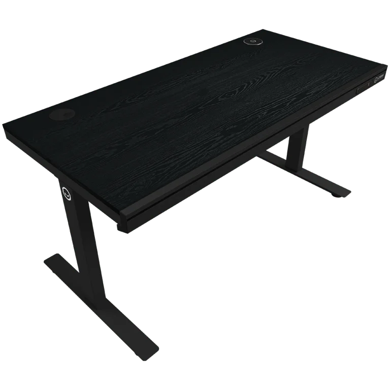 Dual-motor sit/stand adjustable-height gaming desk with wireless charger, RGB lighting, control panel, and USB ports, PB melamine surface tabletop, black.