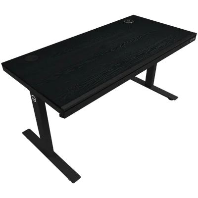 Dual-motor sit/stand adjustable-height gaming desk with wireless charger, RGB lighting, control panel, and USB ports, PB melamine surface tabletop, black.