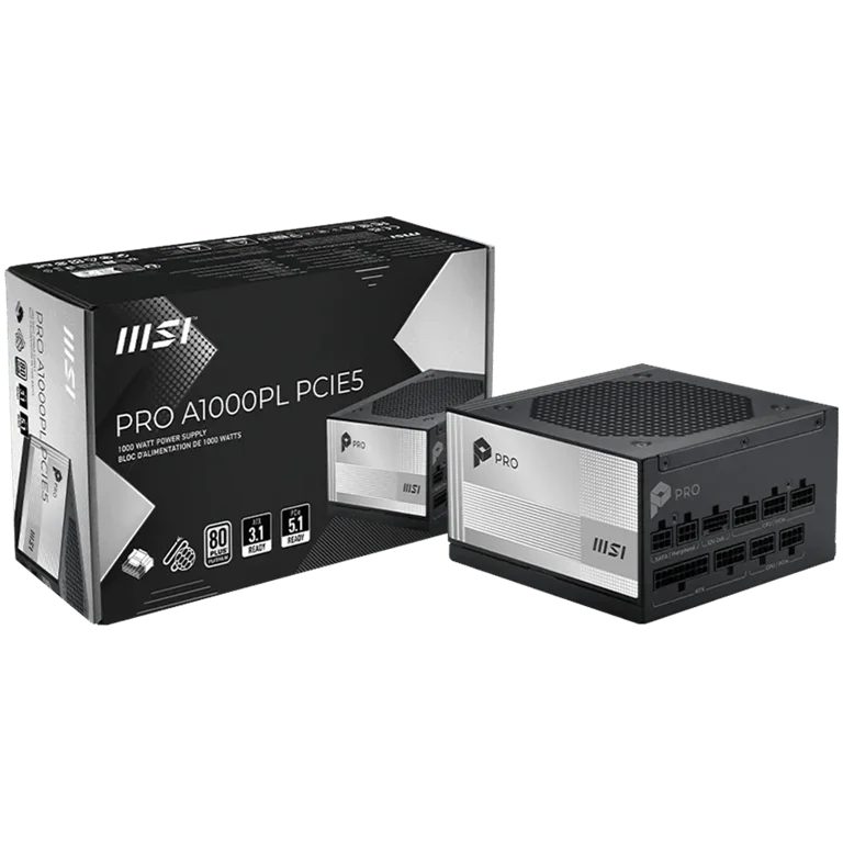 MSI PRO A1000PL PCIE5, 850W, 80 Plus Platinum, 120mm Fluid Dynamic Bearing Fan, Protections: OCP/OTP/OPP/SCP/OVP/UVP/SIP/NLO, Dimensions: 150mmx150mmx86mm, 7Y Warranty