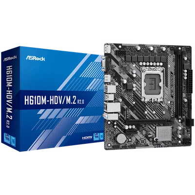 ASROCK Main Board Desktop H610M-HDV/M.2 (S1700, 2x DDR4, 1x PCIe 4.0 x16, 1x PCIe 3.0 x1, 4x SATA3 6.0Gb/s, 1x m.2 PCIe, 4x USB 3.2, 6x USB 2.0, 1x Com port header, 1x VGA, 1x HDMI, 1x DP 1.4, 1x GLAN, mATX) Retail