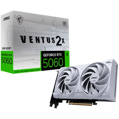MSI Video Card NVIDIA GeForce RTX 5060 8G VENTUS 2X OC WHITE, 8GB GDDR7, 128-bit, 2535 MHz Boost, 3840 CUDA Cores, PCIe 5.0 (x8), 3x DP 2.1b, HDMI 2.1b, RAY TRACING, Dual Fan, 145W TDP, 8-pin PCIe Power, G-SYNC, 2-Slot, 3Y