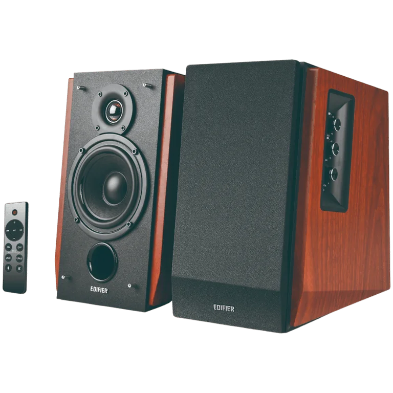 Edifier R1700BTs .0 Bookshelf Speakers, BT V5.1, RCA, 0.75-inch Tweeters, 4-inch Drivers, Sub-Out, 66W (RMS), Control Knobs and Remote Control, Brown