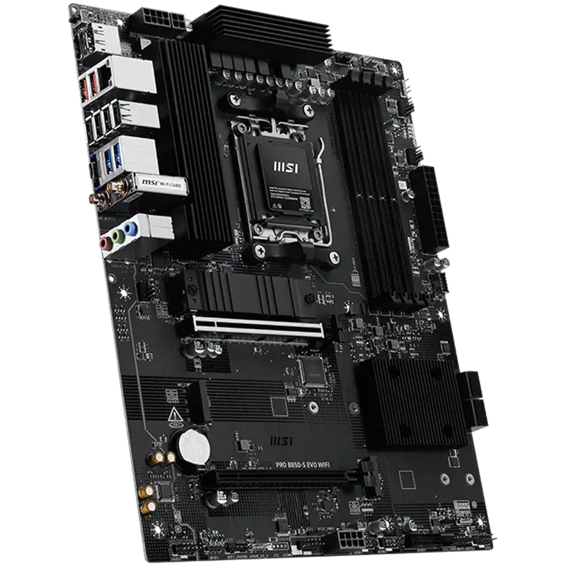 MSI PRO B850-S EVO WIFI, ATX, Socket AM5, 4x DDR5 Dual Channel up to 8200(OC)MHz, 2x PCIe x16 slot, 3x M.2 slot, 4x USB 2.0, 2x USB 5Gbps, 2x USB 10Gbps, 1x USB 10Gbps Type-C, HDMI, DP, 7.1 HD Audio, 5G LAN, WiFI 7, BT, 3Y