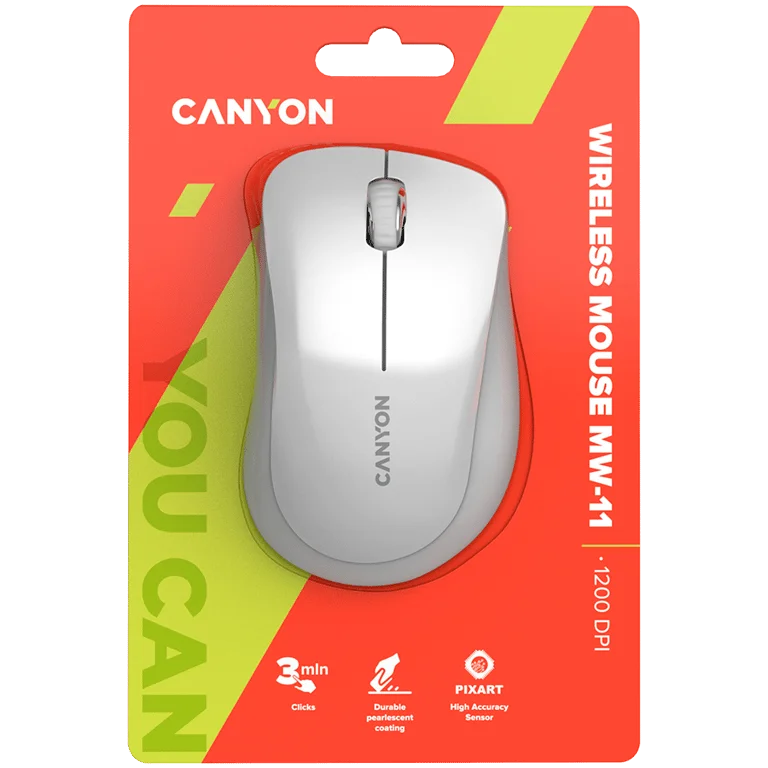 CANYON MW-11, 2.4 GHz  Wireless mouse ,with 3 buttons, DPI 1200, Battery:AAA*2pcs  ,pearl white grey67*109*38mm 0.063kg
