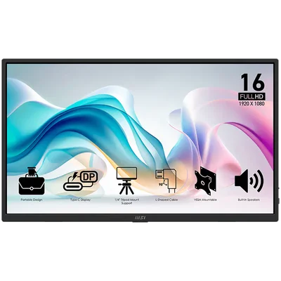MSI PRO MP165 E6 Professional Business Portable Monitor, 15.6" 60Hz, FHD (1920x1080) 16:9, IPS Anti-glare, 4ms, 250nits, 1000:1, 178/178, Tilt, Speakers, 2x Type-C, 1x HDMI, 3Y Warranty