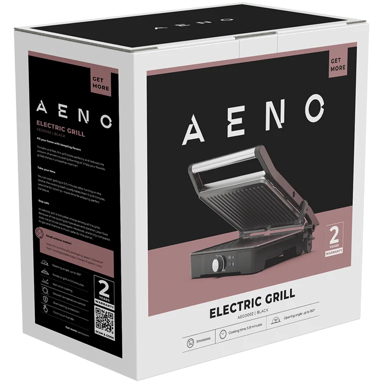 AENO Electric Grill EG2: 2000W, Temperature regulation, Max opening angle -180°, Plate size 290*234mm