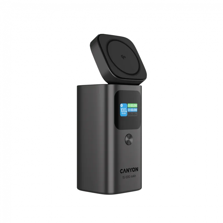 Външна батерия Canyon OnPower 150 15000mAh Qi2 магнитно безжично зареждане тъмно сива