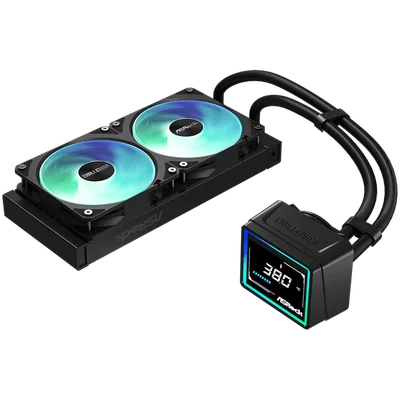 Охладителна система ASROCK Challenger 240 Digital 90-ACLA36-BAAGA6, водно охлаждане, ARGB, дигитален дисплей, 240 мм радиатор, черен