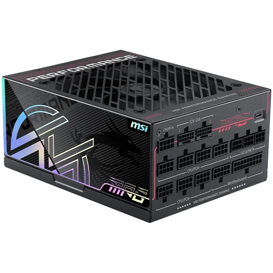 MSI MPG Ai1600TS PCIE5 Power Supply 1600W, 80 PLUS Titanium, Dual PCIe 5.1 Cables, ATX 3.1, Software Sync, 135mm Fan, Fan Stop, OVP/OCP/OTP/OPP/SCP/UVP/SIP/NLO, Braided Cables, Dimensions: 190mmx150mmx86mm, 12Y Warranty