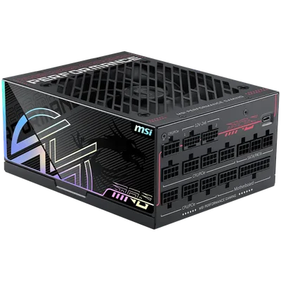 MSI MPG Ai1600TS PCIE5 Power Supply 1600W, 80 PLUS Titanium, Dual PCIe 5.1 Cables, ATX 3.1, Software Sync, 135mm Fan, Fan Stop, OVP/OCP/OTP/OPP/SCP/UVP/SIP/NLO, Braided Cables, Dimensions: 190mmx150mmx86mm, 12Y Warranty