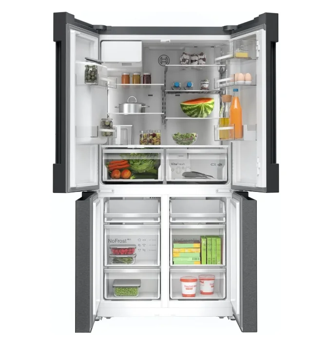Bosch KFI96AXEA, SER6, Multi-door fridge-freezer, NoFrost, E, 183/91/73, 574l(375+199), 39dB(C), IC, 1 VitaFresh 0° XXL drawer - fish and meat, 1 Vitafresh drawer with humidity control, Quick Ice&water dispencer with tank, freezer light, HC, Black inox