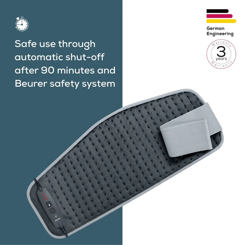 Beurer HK 60 Cosy Grey Abdominal & Back Heat Pad; 3 temperature settings; auto switch-off after 90 min; washable on 30°;Fast heating; Fleece fibre;BSS;69(L)x28(W) cm: Max waist 102sm