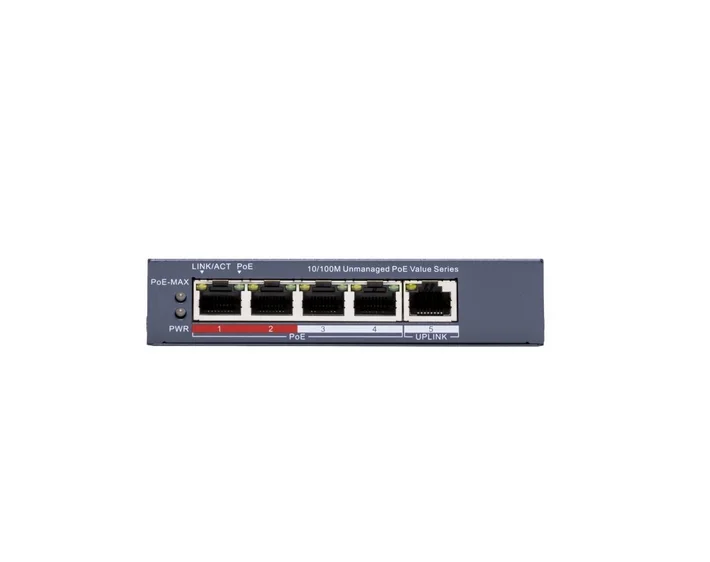 HikVision 4 Port Fast Ethernet Unmanaged POE Switch, 4 x 10/100 Mbps PoE port, 1 x 10/100 Mbps RJ45 port, Total PoE Power Budget 45W, Up to 300 m Long Range PoE Transmission, 6 KV Surge Protection