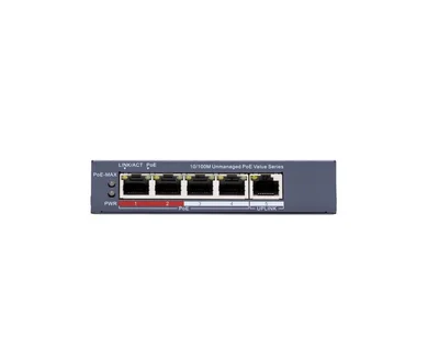 HikVision 4 Port Fast Ethernet Unmanaged POE Switch, 4 x 10/100 Mbps PoE port, 1 x 10/100 Mbps RJ45 port, Total PoE Power Budget 45W, Up to 300 m Long Range PoE Transmission, 6 KV Surge Protection