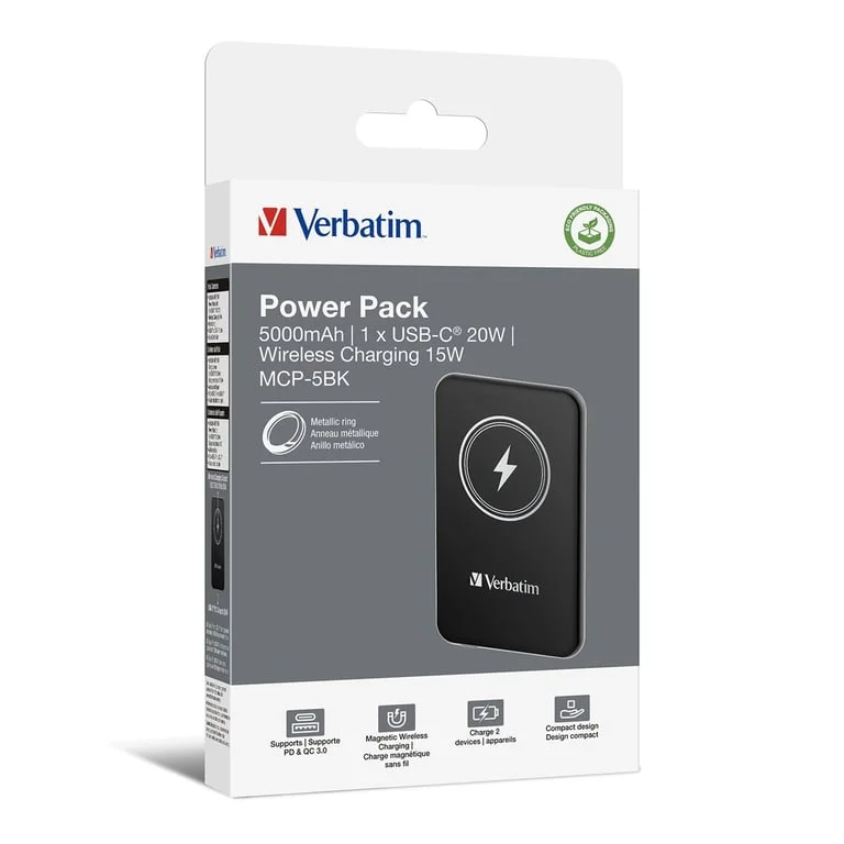 Външна батерия Verbatim MCP-5BK 5000 mAh, USB-C PD 20W, магнитно безжично зареждане 15W, черна
