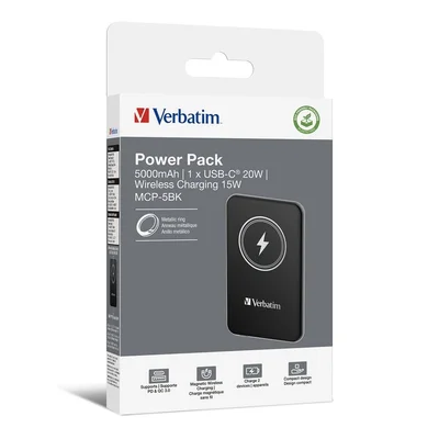 Външна батерия Verbatim MCP-5BK 5000 mAh, USB-C PD 20W, магнитно безжично зареждане 15W, черна