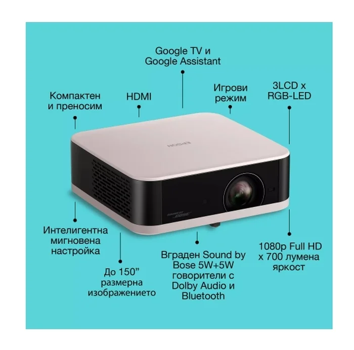 Мултимедиен проектор EPSON Lifestudio POP EF-61R Rose Quartz (V11HB72240), Full HD, 700 лумена, лазер