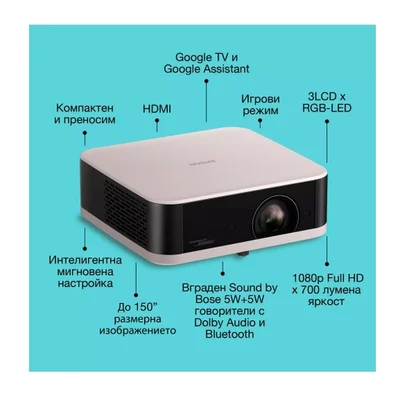 Мултимедиен проектор EPSON Lifestudio POP EF-61R Rose Quartz (V11HB72240), Full HD, 700 лумена, лазер