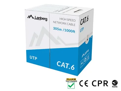 LAN кабел Lanberg CAT.6 UTP 305m, масивен, мед, сив, CPR, 250 MHz