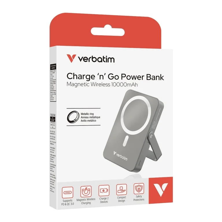 Външна батерия Verbatim Charge 'n' Go Magnetic Wireless Stand 10000mAh Сива