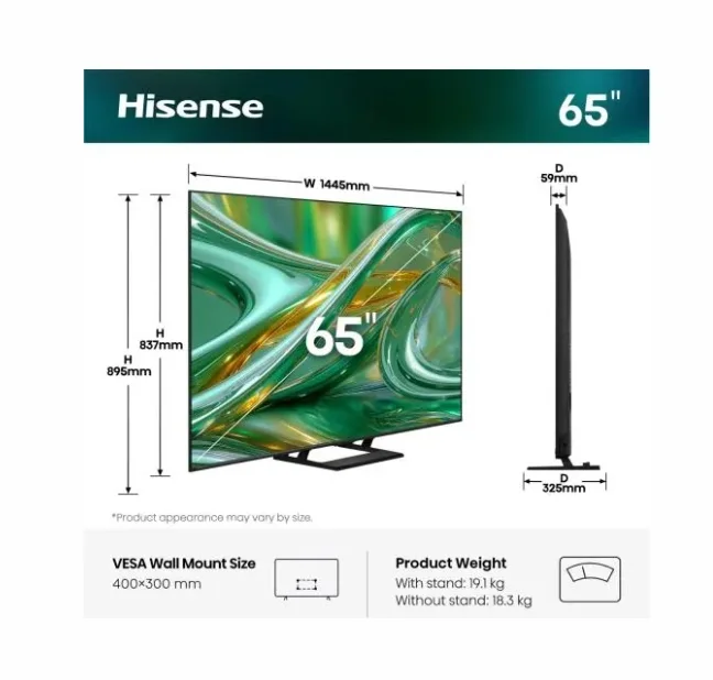 Hisense 65"E8S, 4K Ultra HD 3840x2160, ULED, Quantum Dot,144 Mhz, HDR 10+, HLG, Dolby Vision, Smart TV,Light Sensor,WiFi Direct, BT, Anyview Cast,Built-in,Subwoofer, 4xHDMI, 2xUSB, LAN, CI+, DVB-T2/C/S2, Black