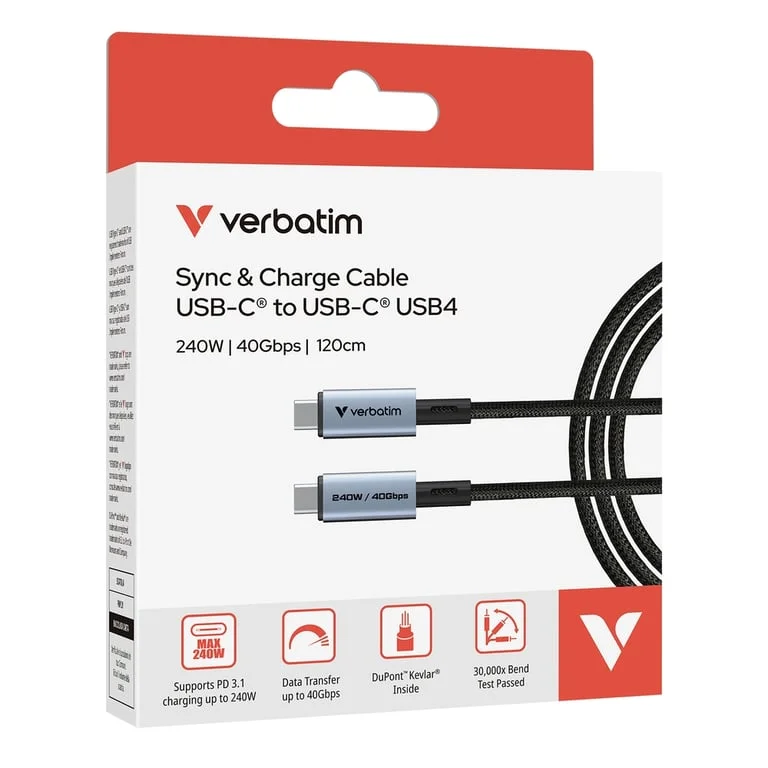 USB-C кабел Verbatim Sync & Charge 240W 40 Gbps 120 см черен