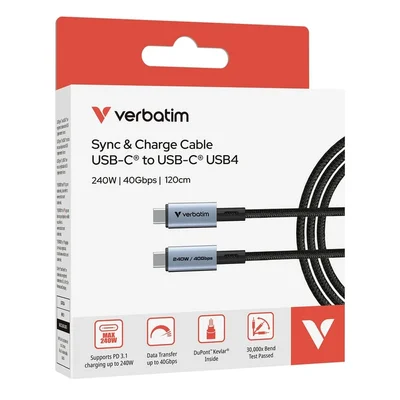 USB-C кабел Verbatim Sync & Charge 240W 40 Gbps 120 см черен