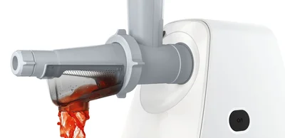 Bosch MFW2517W, Meat mincer, SmartPower Meat mincer from SmartPower range: 1500W, 1,7 kg/min, 2 sieves, 1 sausage horn, fruit press attachment, shredder with 3 barrels, no reverse, white