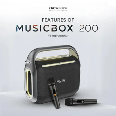 HiFuture MusicBox200 Black, 100W Output, Karaoke Enable, Two Wireless Microphone, 12000mAh Battery (Support Power Bank), RGB Lighting, Pair to Play (TWS Mode), Bluetooth 5.3