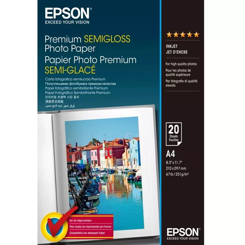 Фотохартия Epson – Premium Semigloss, A4, 251g/m², 20 листа
