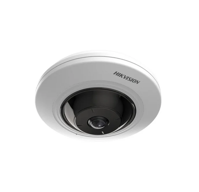 HikVision 5MP Fixed Fisheye Network Camera, 1.05 mm, F2.25, 180° fisheye view, IR up to 8 m, H.265+, 120 dB WDR, built-in microphone, built-in memory card slot (up to 256 GB), 12Vdc/PoE 7.5W