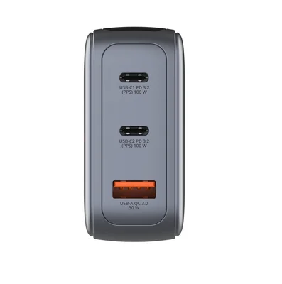 Зарядно устройство Verbatim Mini GaN 100W с дисплей и USB-C към USB-C кабел 100W, сиво