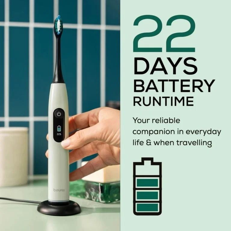 Beurer SC 50 peppermint Electric Sonic Toothbrush, up to 80,000 mov/min, 5 cleaning programs: Clean, Sensitive, Polish, Gum Care, Whiten, Pressure sensor , 2-min. timer, Incl. 2 toothbrush heads and magnetic charging plate, 22 days of battery life