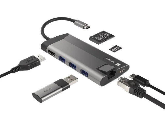 Докинг станция NATEC Fowler Plus Multiport 8-в-1, USB 3.0 хъб, HDMI 4K, USB-C PD, RJ45, SD, Micro SD