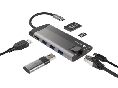 Докинг станция NATEC Fowler Plus Multiport 8-в-1, USB 3.0 хъб, HDMI 4K, USB-C PD, RJ45, SD, Micro SD