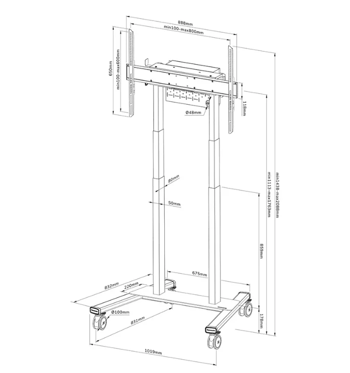 Neomounts Motorised Mobile Stand incl. storage box, 10 cm. Wheels Floor - VESA 100x100 up to 800x600