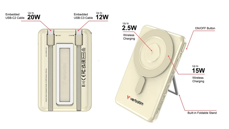 Verbatim Charge 'n' Go 2C Power Bank Magnetic Wireless 5000mAh with 2 USB-C Cables & Stand Gold