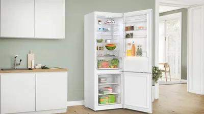 Bosch KGN497WDF, SER4, FS fridge-freezer NoFrost, D, 203/70/67cm, 440l(311+127), 35dB(B), IC, VitaFresh XXL, 0° drawer, Glossy Backwall with Multi Airflow, 2 cooling systems, Intelligent Inverter Technology, White, display