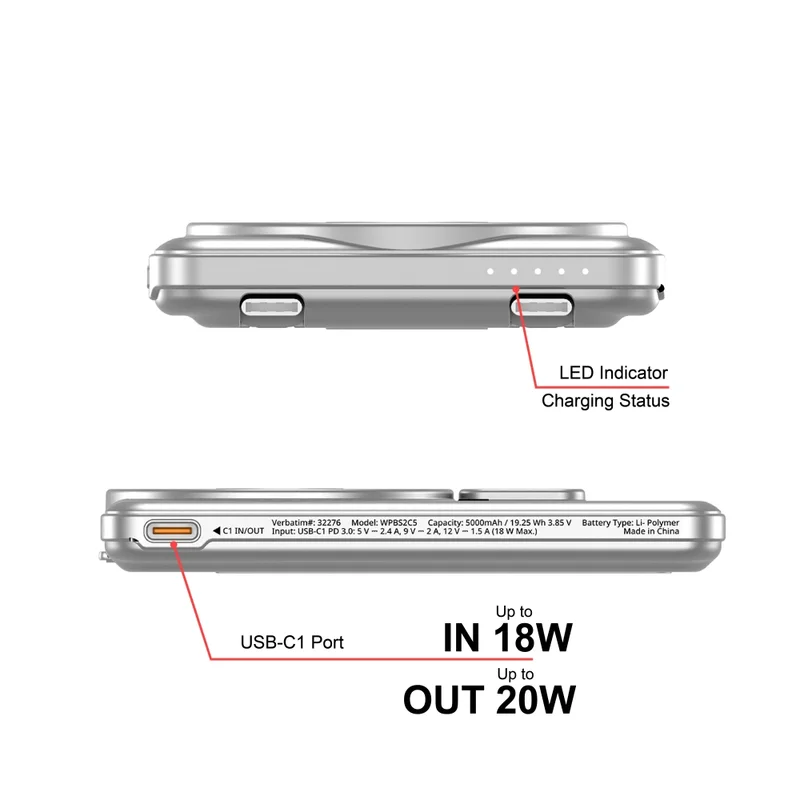 Verbatim Charge 'n' Go 2C Power Bank Magnetic Wireless 5000mAh with 2 USB-C Cables & Stand Silver