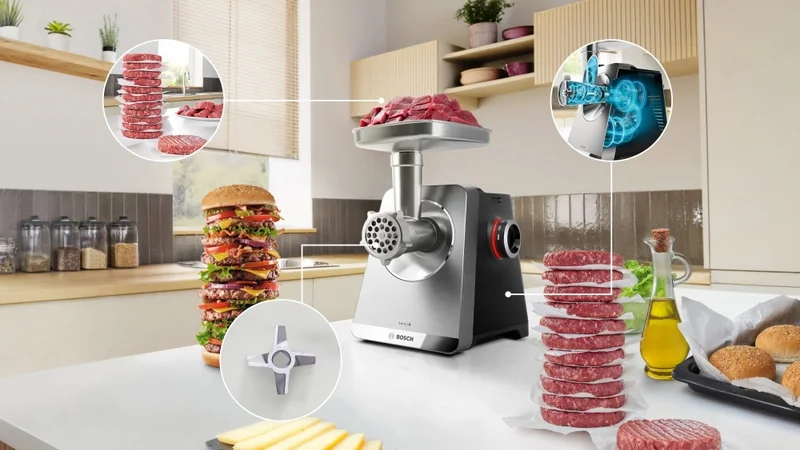 Bosch MFWS835M, SER8, Meat mincer, Blocking power: 2500W, 4,5 kg/min, 10-year motor, dishwasher safe, tomato press, kebbe att., sausage att., silver black