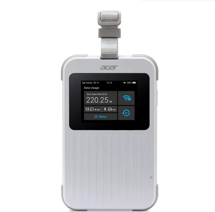 Acer Wi-Fi 5G Mobile Hotspot with Nano SIM (4FF), eSIM with up to 10 profiles, up to 20 connected devices using 6GHz, battery  8000mAh up to 28 hours high definition video streaming, 2.4'' Touchscreen with NFC, IP68 and MIL-STD-810