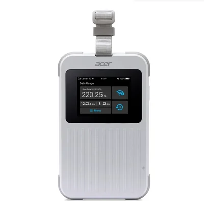 Acer Wi-Fi 5G Mobile Hotspot with Nano SIM (4FF), eSIM with up to 10 profiles, up to 20 connected devices using 6GHz, battery  8000mAh up to 28 hours high definition video streaming, 2.4'' Touchscreen with NFC, IP68 and MIL-STD-810
